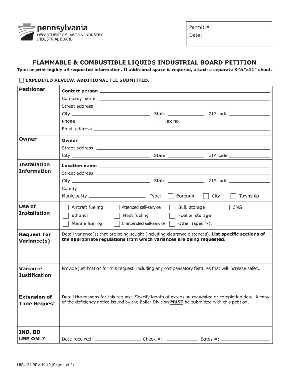 Form LIIB-121 Flammable  Combustible Liquids Industrial Board Petition - Pennsylvania, Page 1