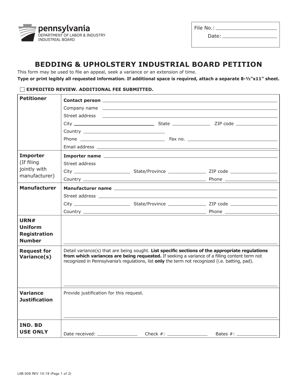 Form LIIB-306 Bedding  Upholstery Industrial Board Petition - Pennsylvania, Page 1