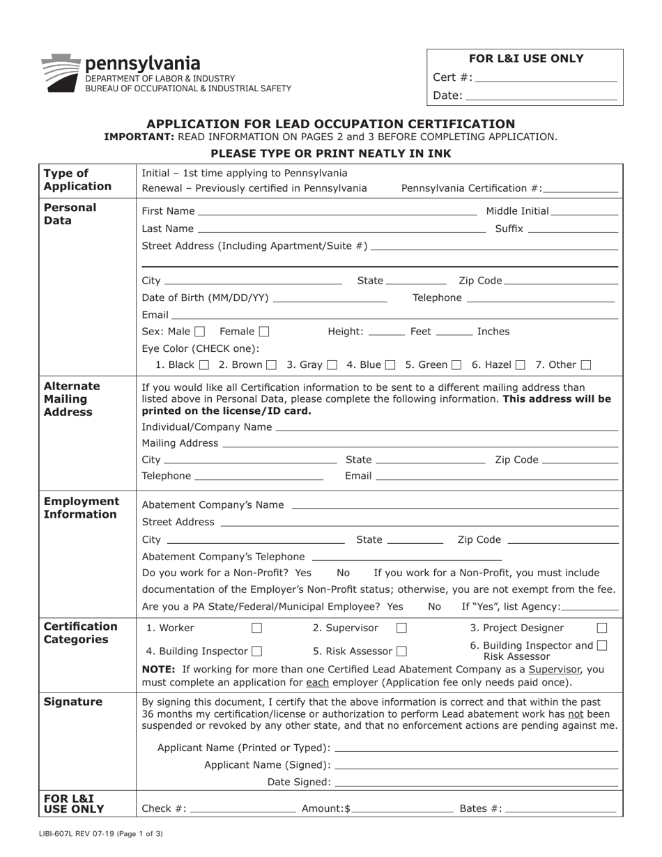 Form LIBI-607L Application for Lead Occupation Certification - Pennsylvania, Page 1