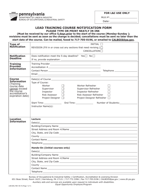 Form LIBI-605L Lead Training Course Notification Form - Pennsylvania