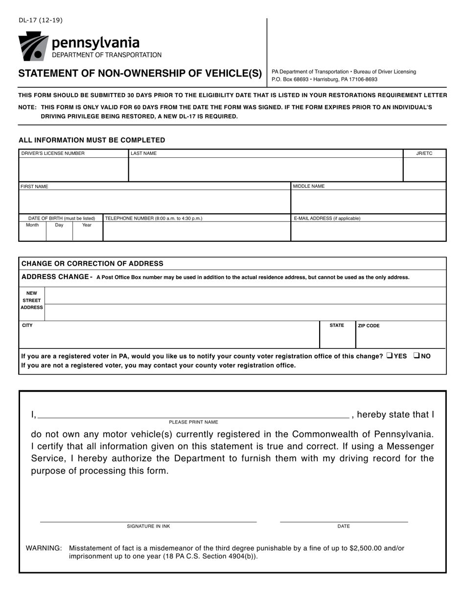 Form DL-17 Statement of Non-ownership of Vehicle(S) - Pennsylvania, Page 1