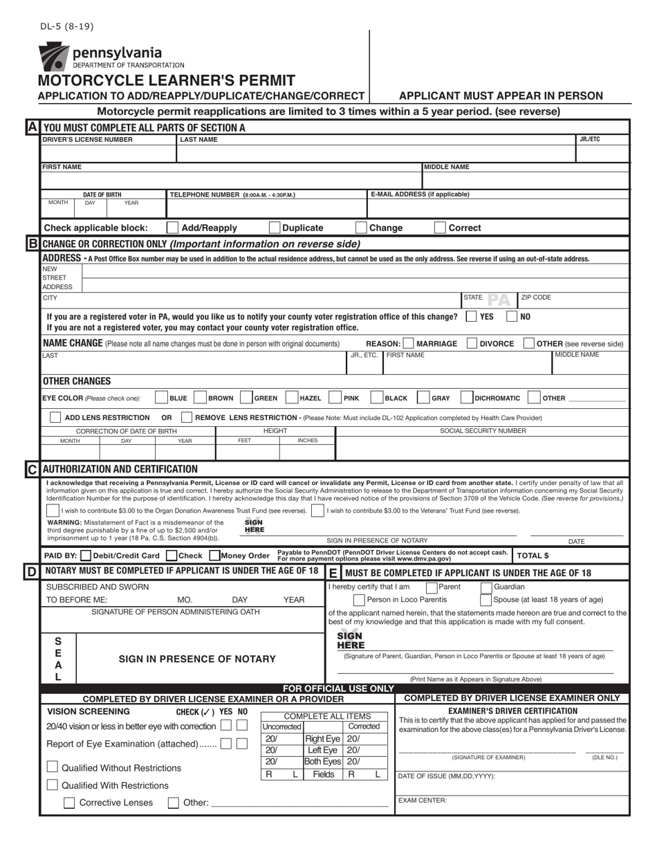 Form DL-5 Motorcycle Learners Permit Application to Add / Reapply / Duplicate / Change / Correct - Pennsylvania, Page 1