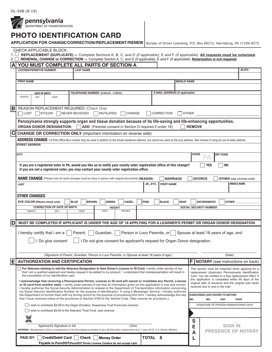 Form DL-54B Photo Identification Card Application for Change/Correction/Replacement/Renew - Pennsylvania, Page 1
