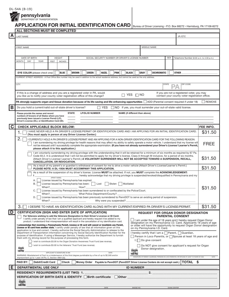 Form DL-54A Application for Initial Identification Card - Pennsylvania, Page 1