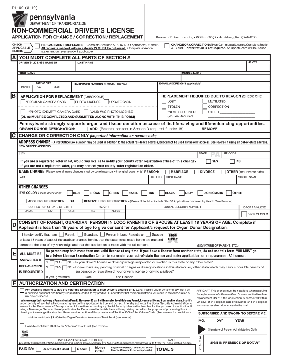 Form DL-80 Non-commercial Drivers License Application for Change / Correction / Replacement - Pennsylvania, Page 1