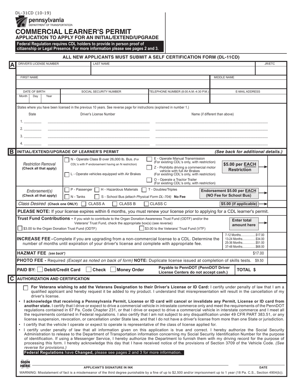 Form DL-31CD Commercial Learners Permit Application to Apply for an Initial / Extend / Upgrade - Pennsylvania, Page 1