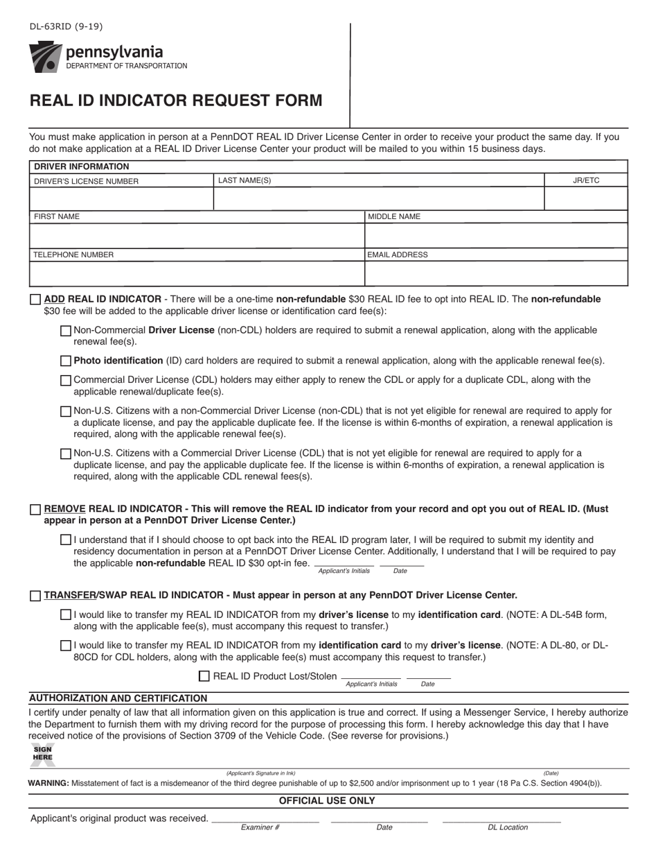 Form DL-63RID Real Id Indicator Request Form - Pennsylvania, Page 1