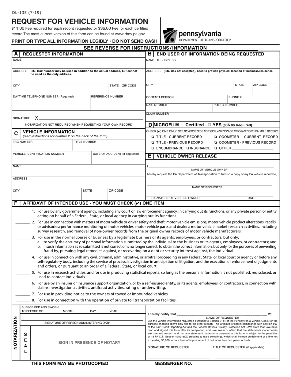 Form DL-135 Request for Vehicle Information - Pennsylvania, Page 1