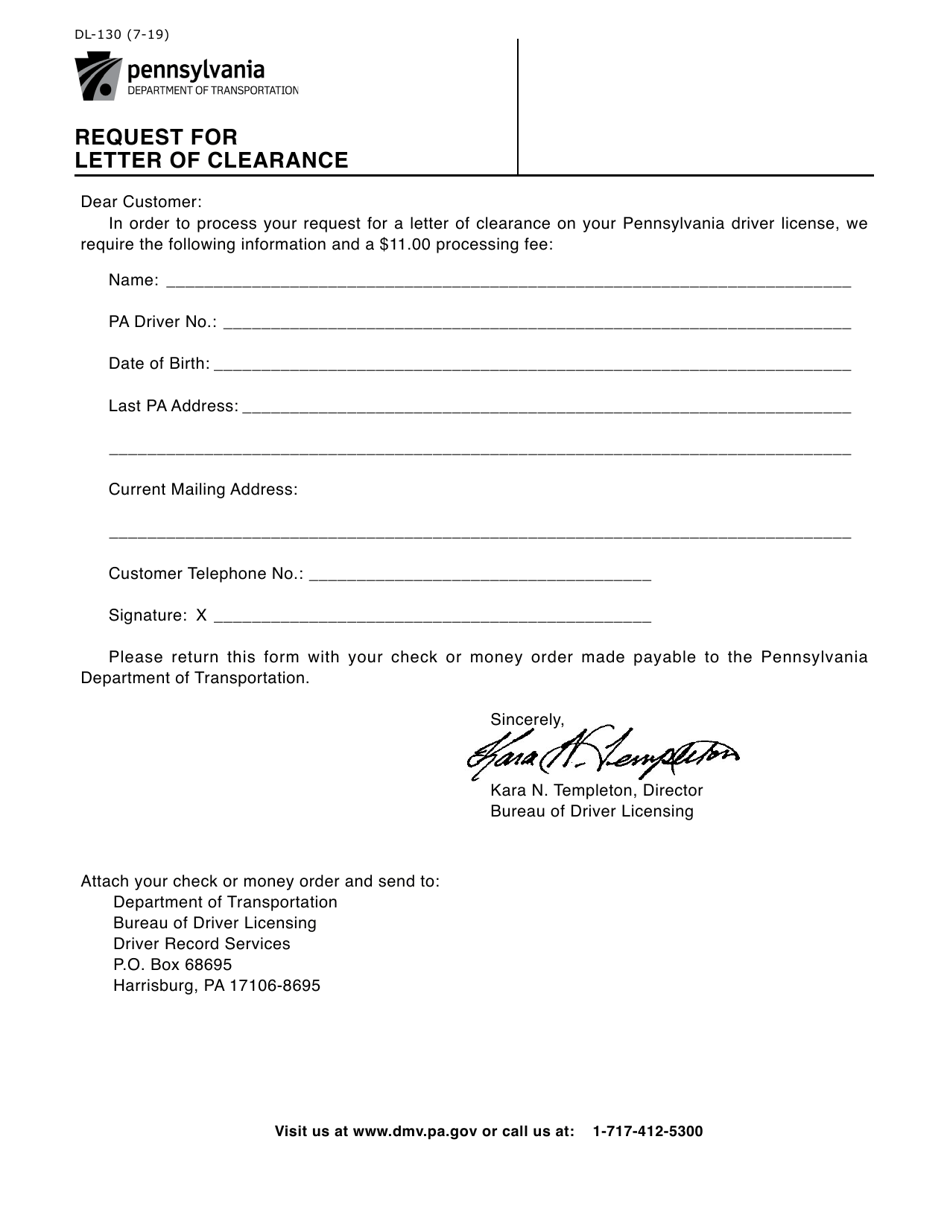 Form DL-130 Request for Letter of Clearance - Pennsylvania, Page 1