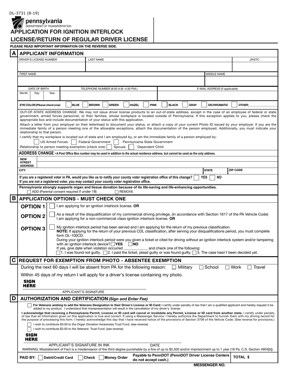 Form DL-3731 Application for Ignition Interlock License / Return of Regular Driver License - Pennsylvania, Page 1