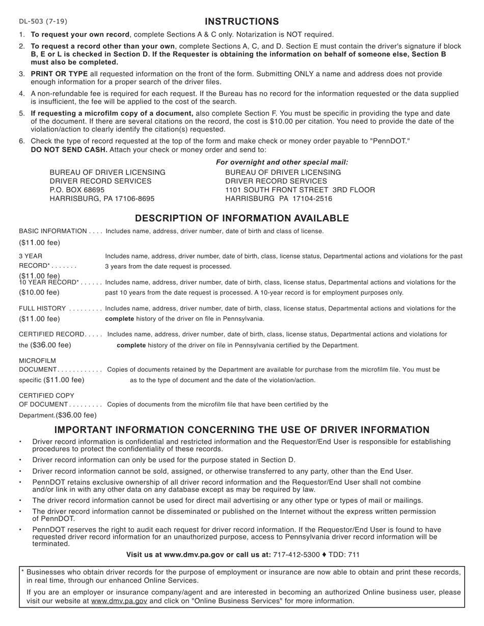 Form DL-503 Request for Driver Information - Pennsylvania, Page 2