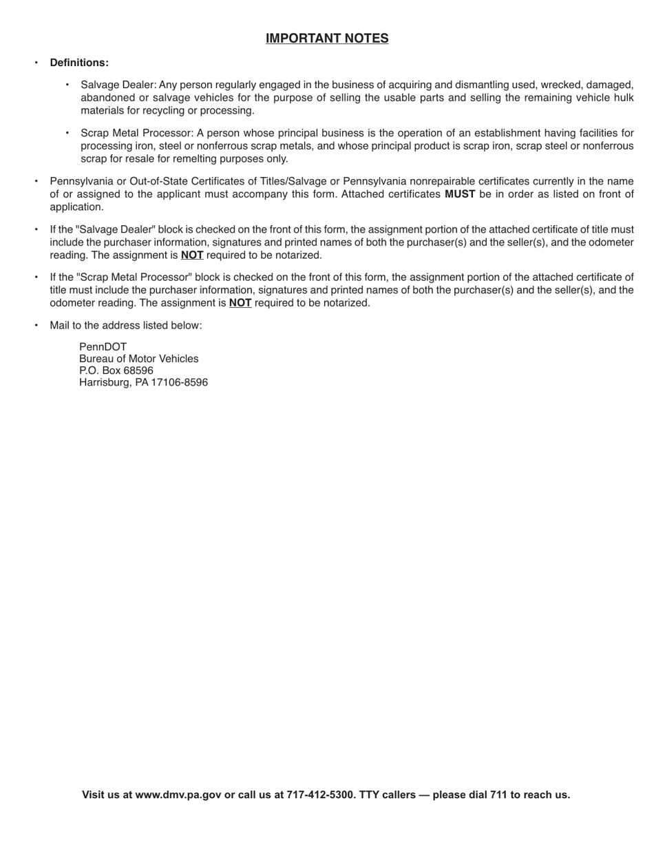 Form MV-7 Salvage Dealer / Scrap Metal Processor Business Report of Vehicles Considered Scrap Material and Not to Be Titled or Reconstructed - Pennsylvania, Page 2