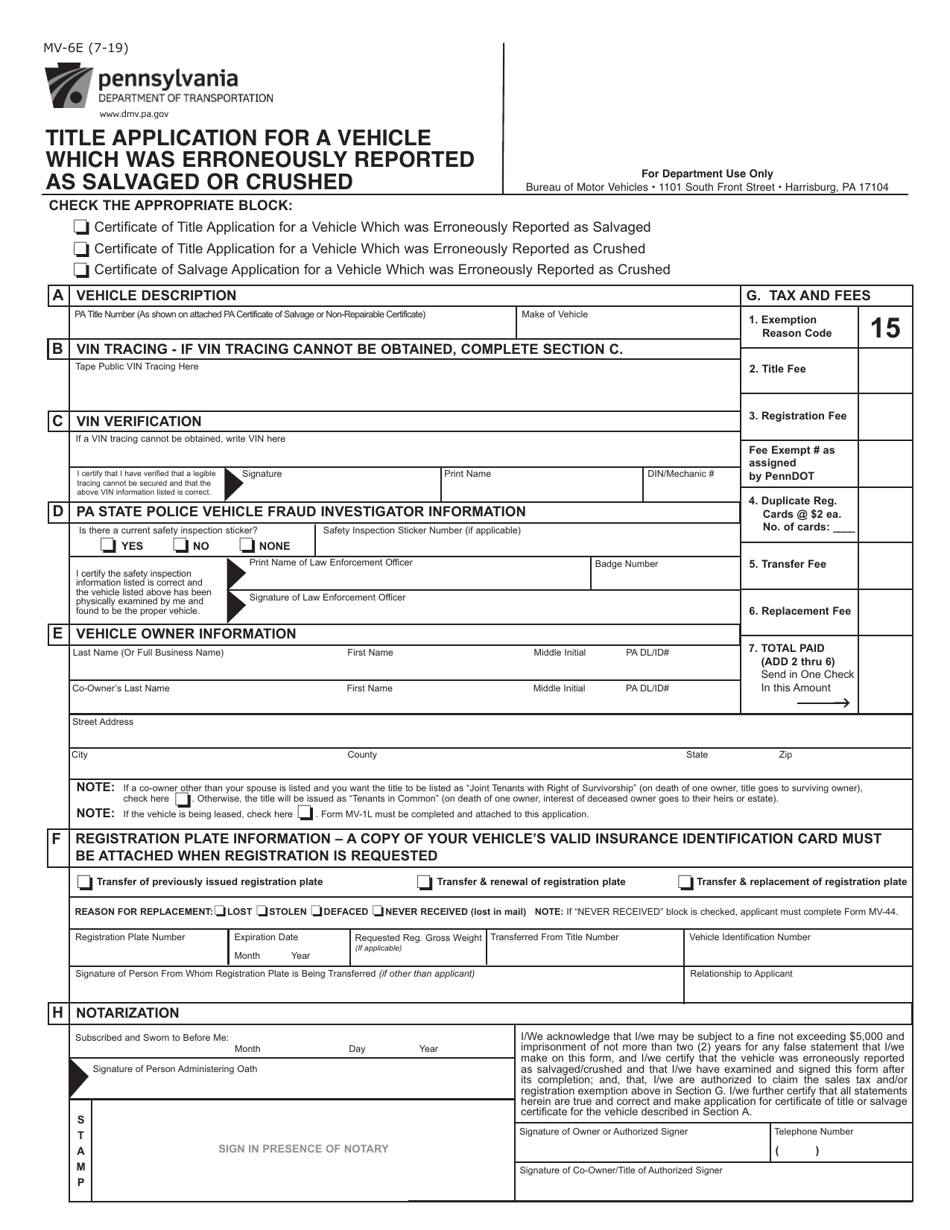Form MV-6E Title Application for a Vehicle Which Was Erroneously Reported as Salvaged or Crushed - Pennsylvania, Page 1