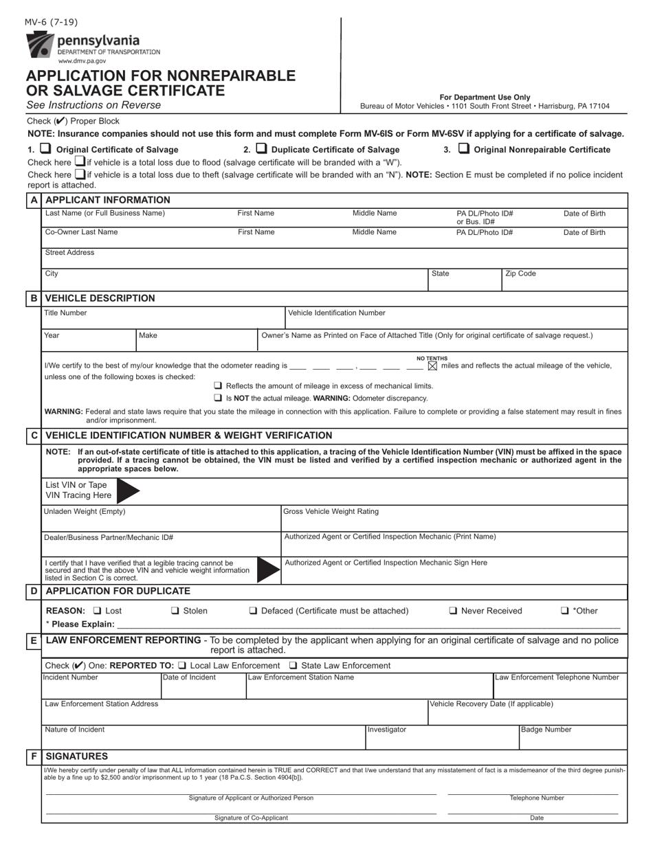 Form MV-6 Application for Nonrepairable or Salvage Certificate - Pennsylvania, Page 1