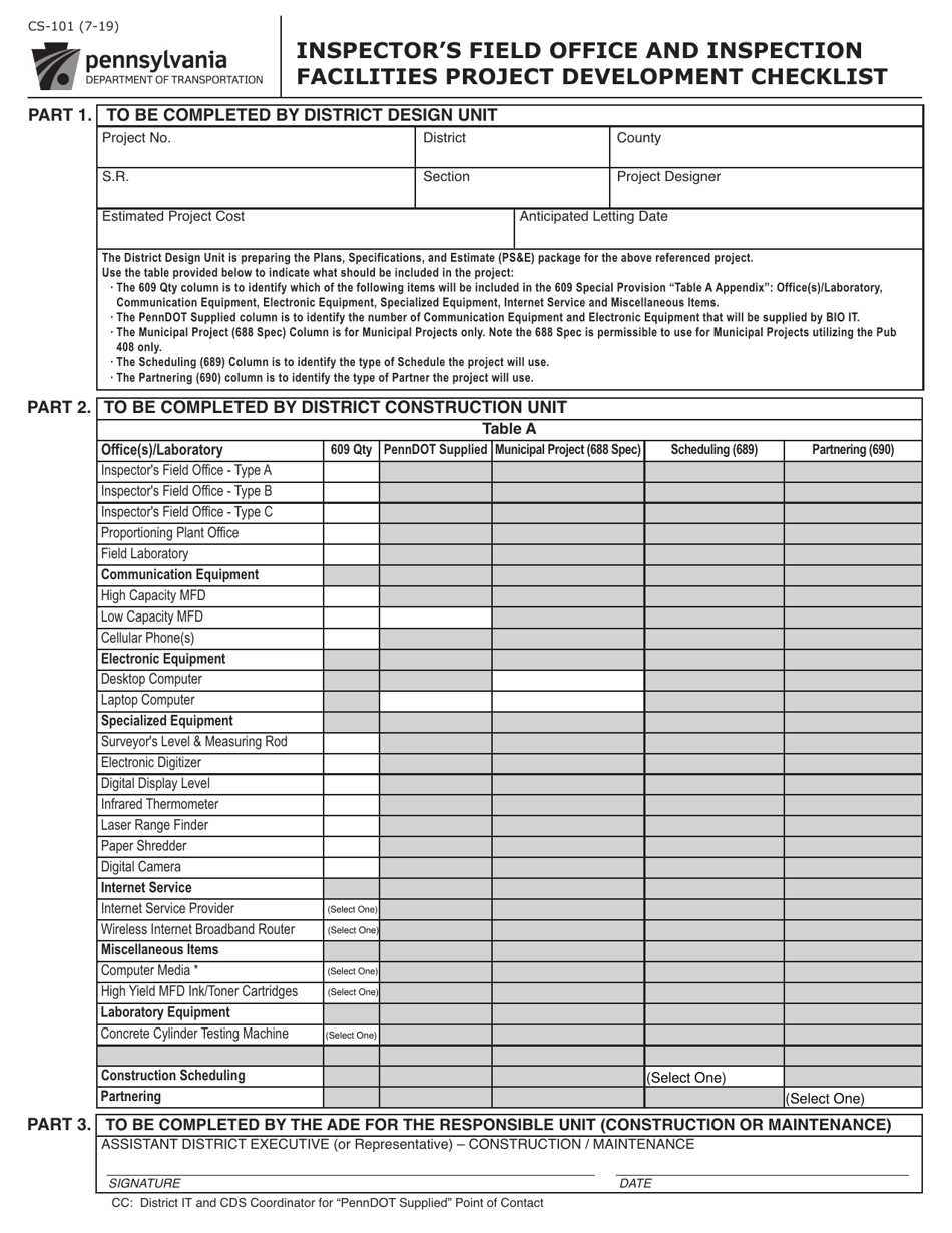 Form CS-101 Inspectors Field Office and Inspection Facilities Project Development Checklist - Pennsylvania, Page 1
