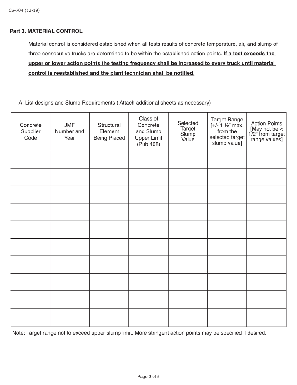 Form CS-704 Minimum Quality Control Plan for Field Placement Concrete Operations - Pennsylvania, Page 2