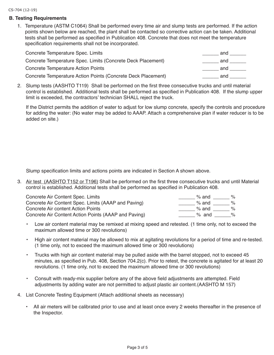 Form CS-704 Minimum Quality Control Plan for Field Placement Concrete Operations - Pennsylvania, Page 3