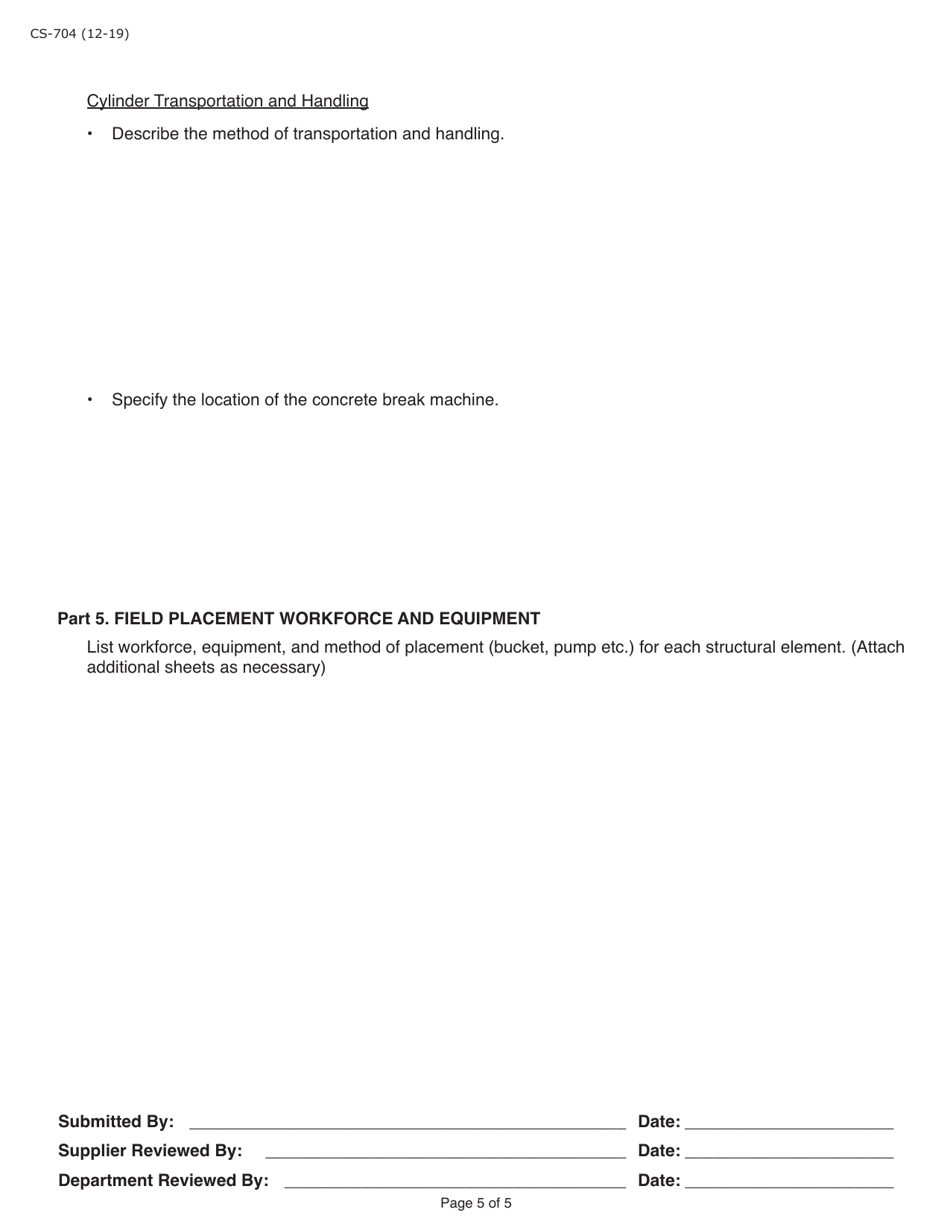 Form CS-704 Minimum Quality Control Plan for Field Placement Concrete Operations - Pennsylvania, Page 5