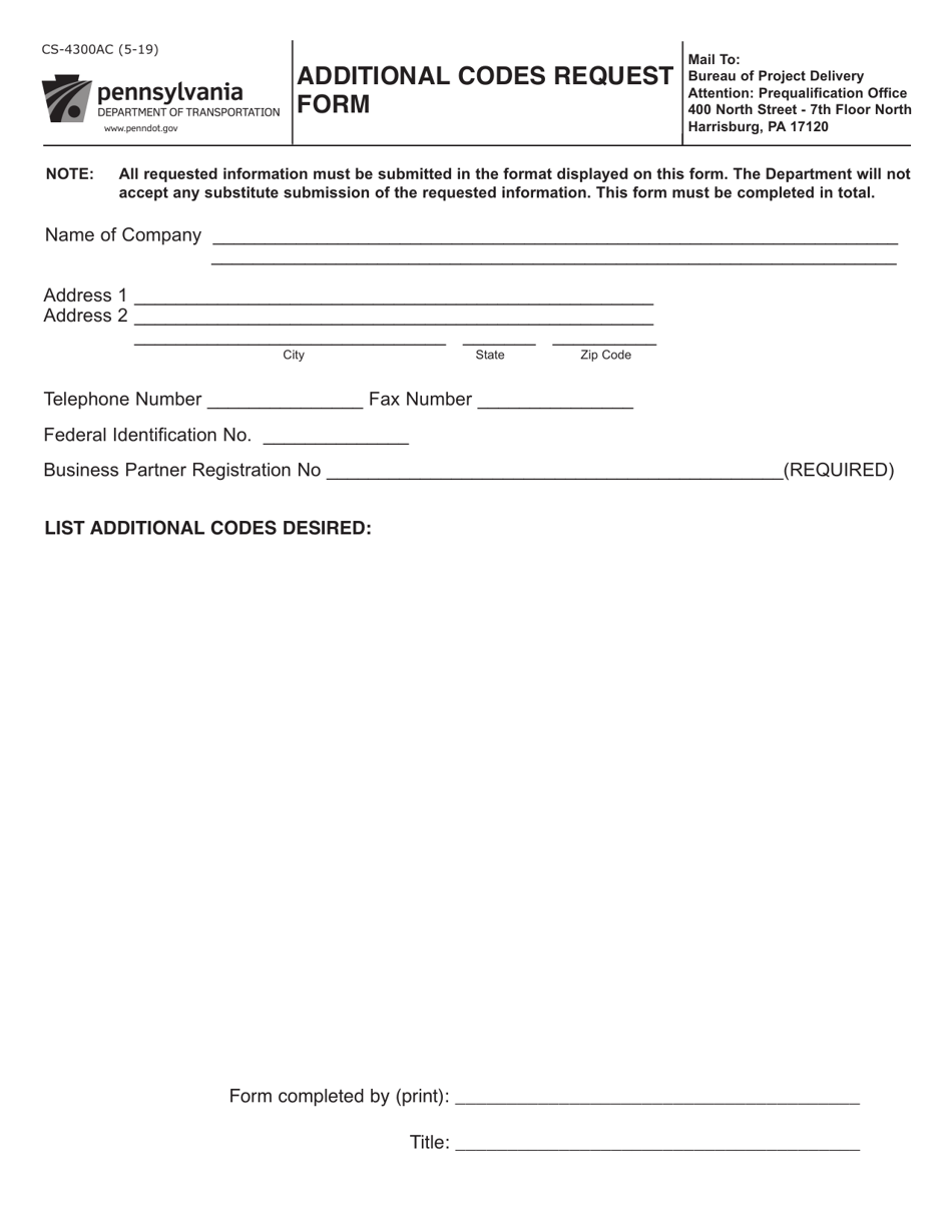 Form CS-4300AC Additional Codes Request Form - Pennsylvania, Page 1