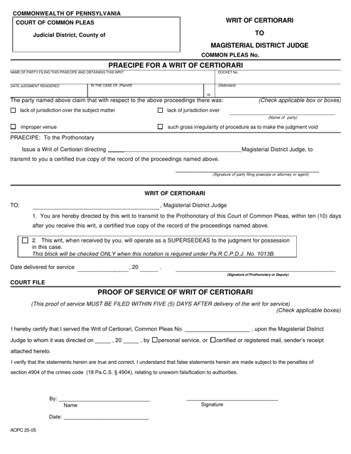 Form AOPC25-05 Writ of Certiorari - Pennsylvania