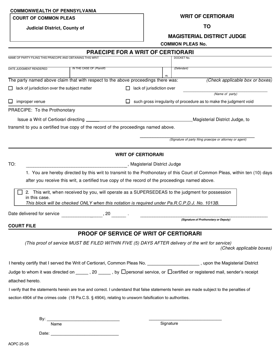 Form AOPC25-05 Writ of Certiorari - Pennsylvania, Page 1