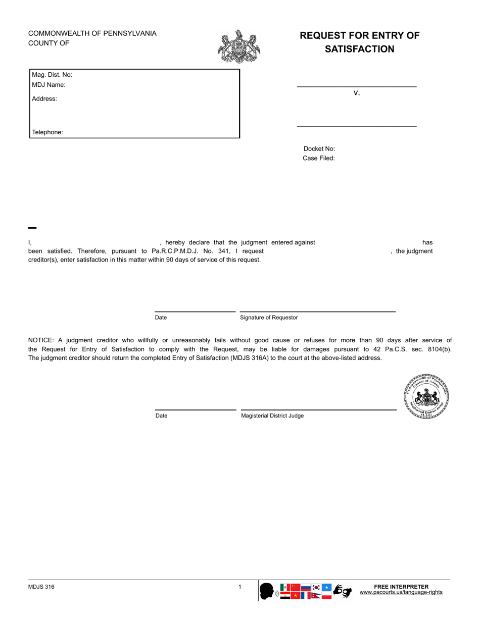 Form MDJS316 Request for Entry of Satisfaction - Pennsylvania, Page 1