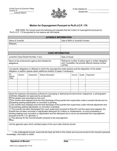 Motion for Expungement Pursuant to Pa.r.j.c.p. 170 - Pennsylvania Download Pdf