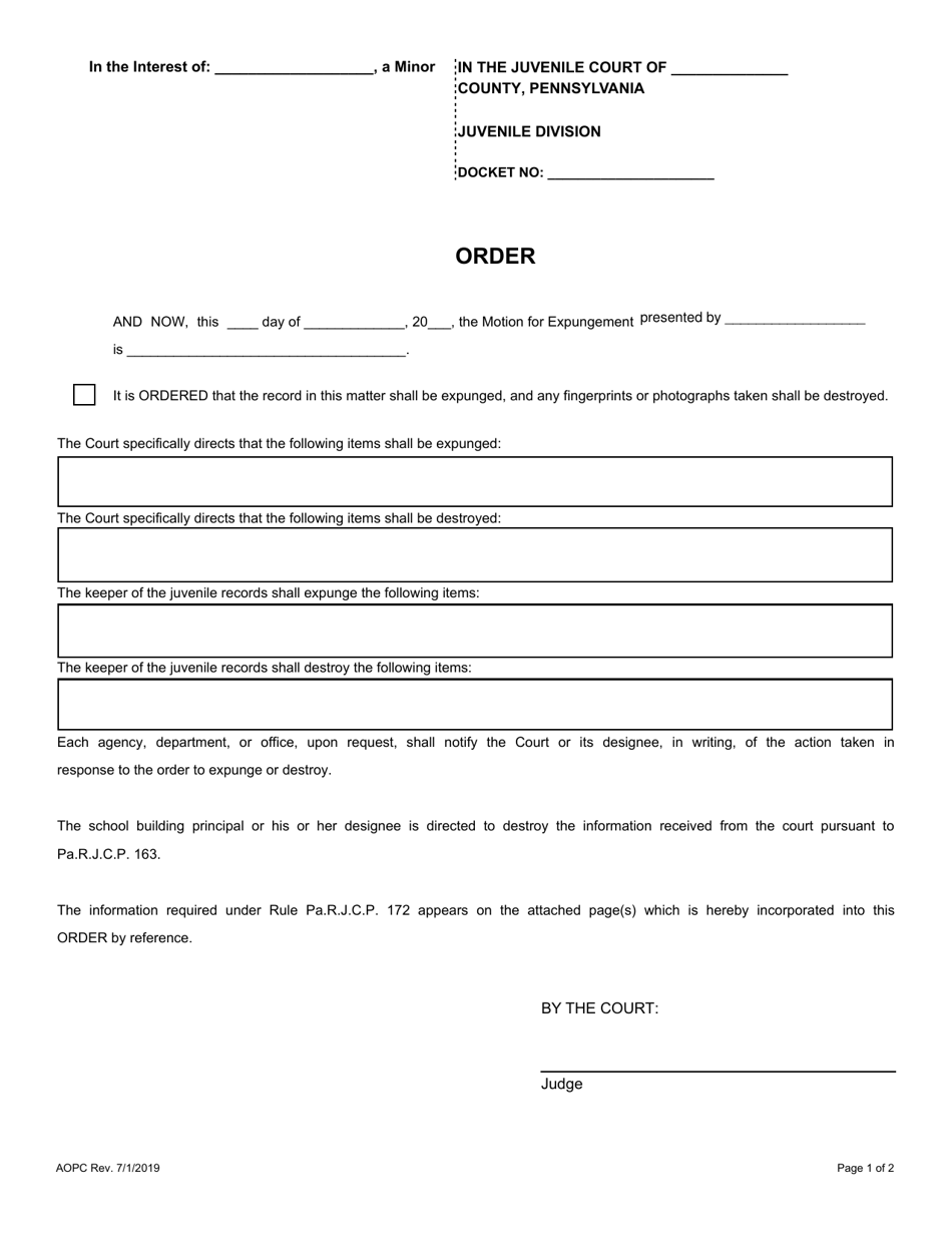 Order for Expungement - Juvenile - Pennsylvania, Page 1