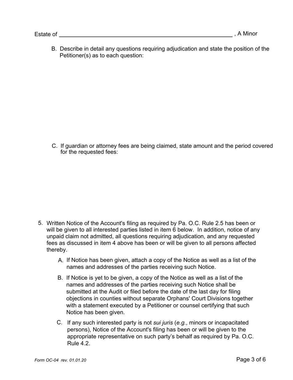 Form OC-04 Guardianship of Minor: Petition for Adjudication / Statement of Proposed Distribution Pursuant to Pa. O.c. Rule 2.4 - Pennsylvania, Page 3