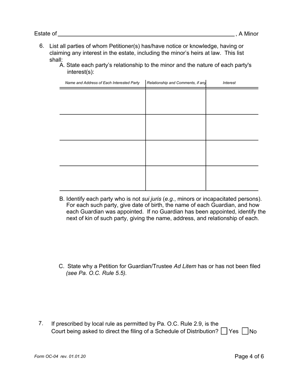 Form OC-04 Guardianship of Minor: Petition for Adjudication / Statement of Proposed Distribution Pursuant to Pa. O.c. Rule 2.4 - Pennsylvania, Page 4