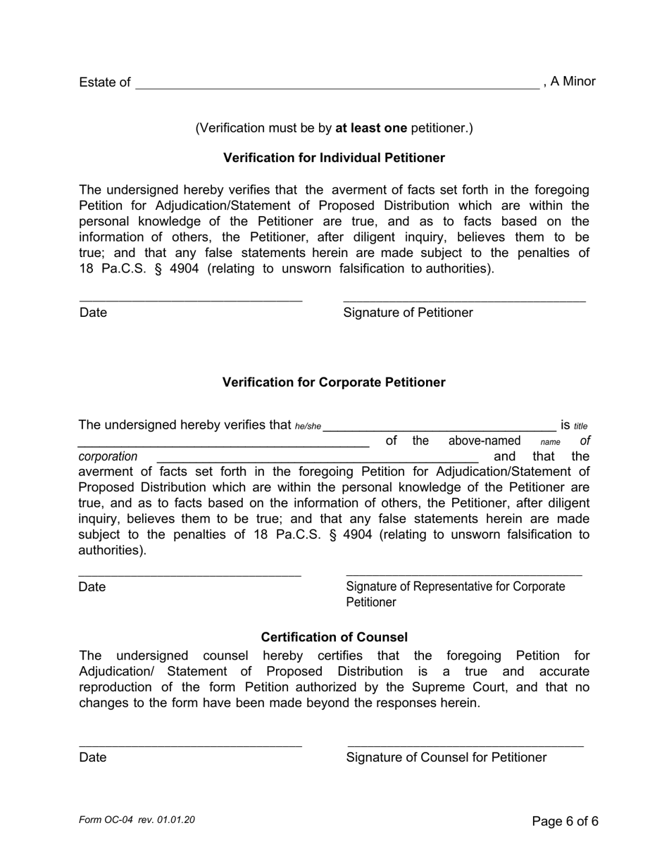 Form OC-04 Guardianship of Minor: Petition for Adjudication / Statement of Proposed Distribution Pursuant to Pa. O.c. Rule 2.4 - Pennsylvania, Page 6