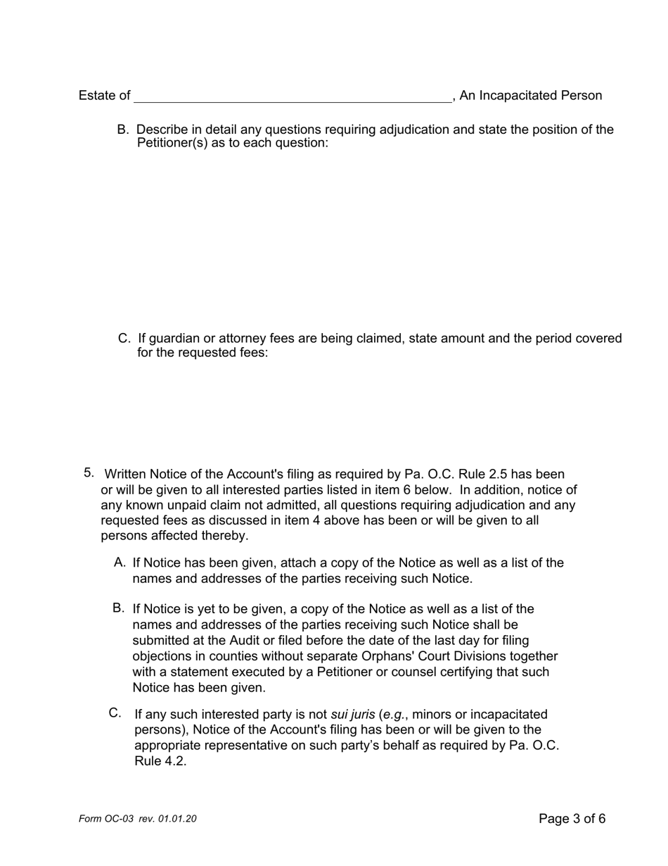 Form OC-03 Guardianship of Incapacitated Person: Petition for Adjudication / Statement of Proposed Distribution Pursuant to Pa. O.c. Rule 2.4 - Pennsylvania, Page 3