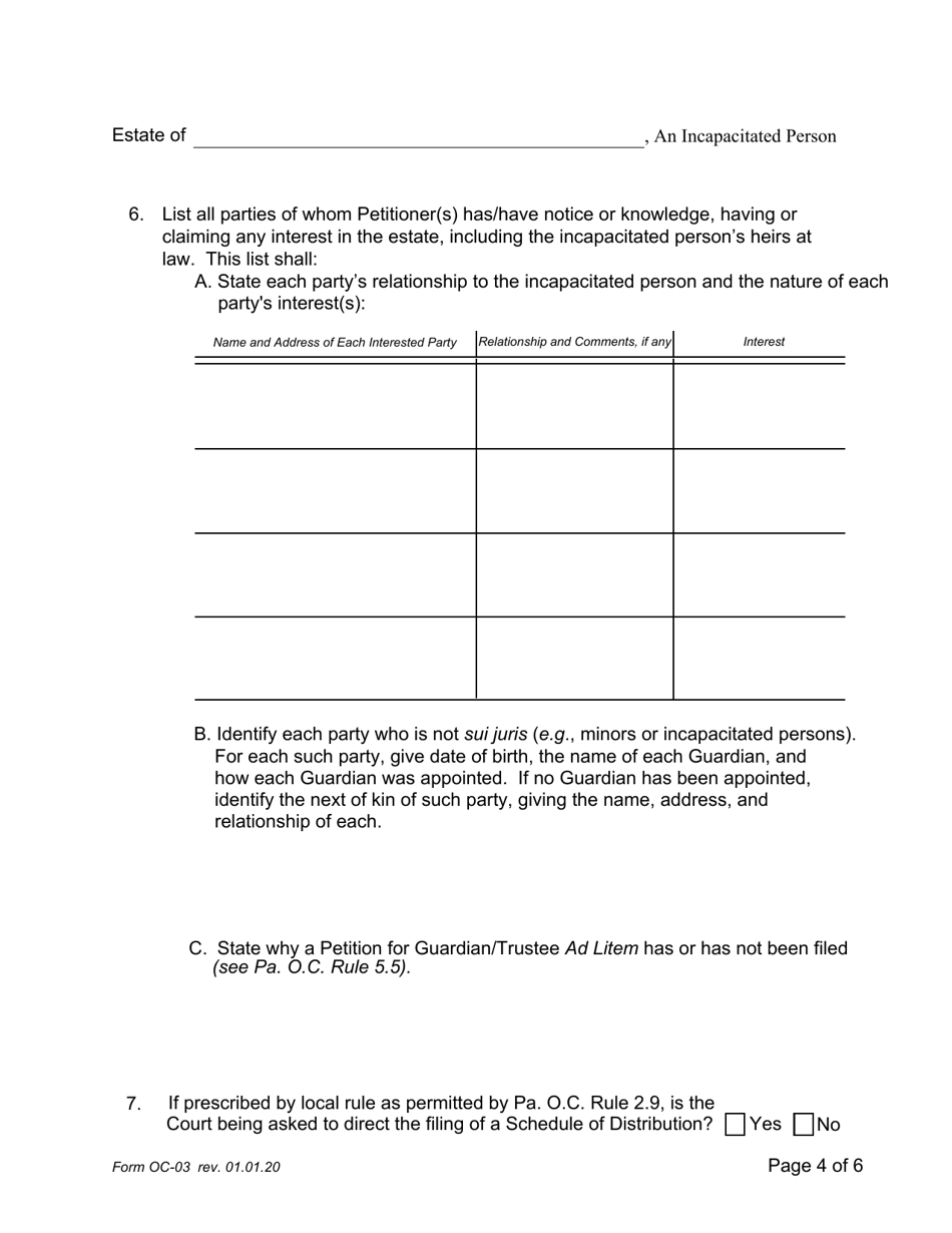 Form OC-03 Guardianship of Incapacitated Person: Petition for Adjudication / Statement of Proposed Distribution Pursuant to Pa. O.c. Rule 2.4 - Pennsylvania, Page 4