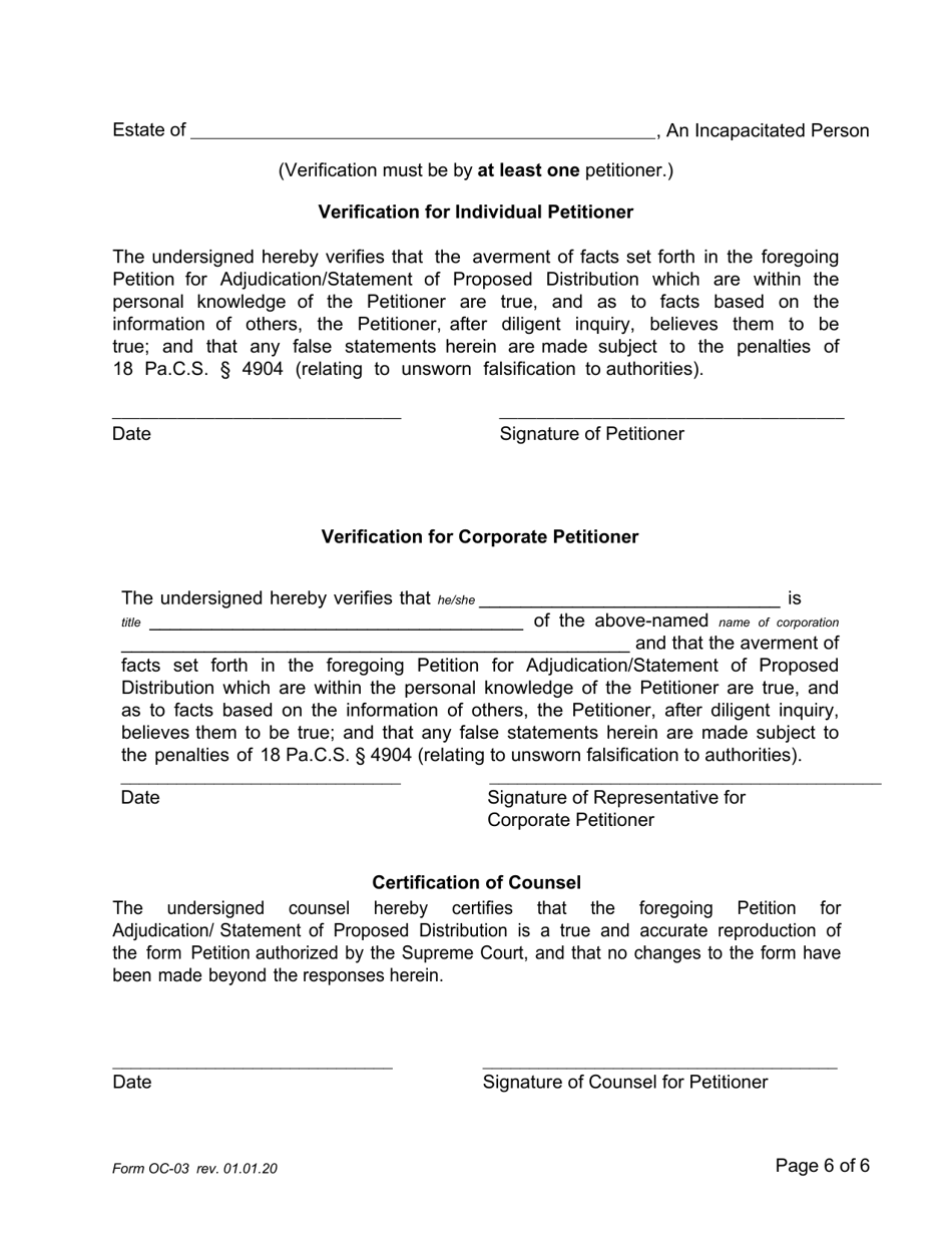 Form OC-03 Guardianship of Incapacitated Person: Petition for Adjudication / Statement of Proposed Distribution Pursuant to Pa. O.c. Rule 2.4 - Pennsylvania, Page 6