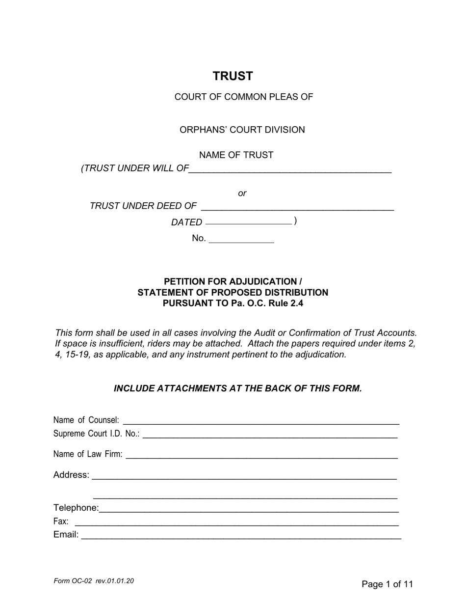 Form OC-02 Petition for Adjudication/Statement of Proposed Distribution Pursuant to Pa. O.c. Rule 2.4 - Pennsylvania, Page 1