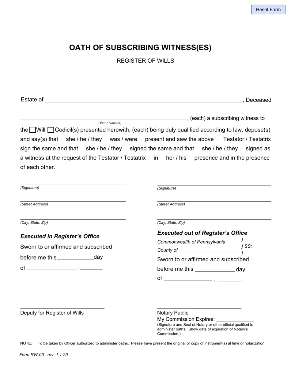 Form RW-03 Oath of Subscribing Witness(Es) - Pennsylvania, Page 1