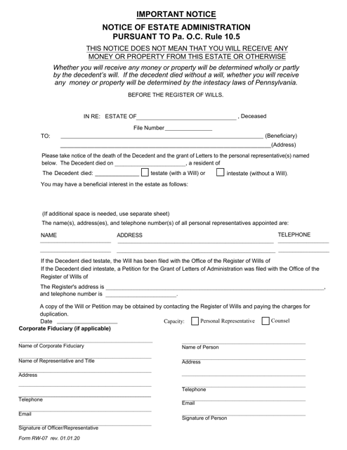 Form RW-07 Notice of Estate Administration Pursuant to Pa. O.c. Rule 10.5 - Pennsylvania