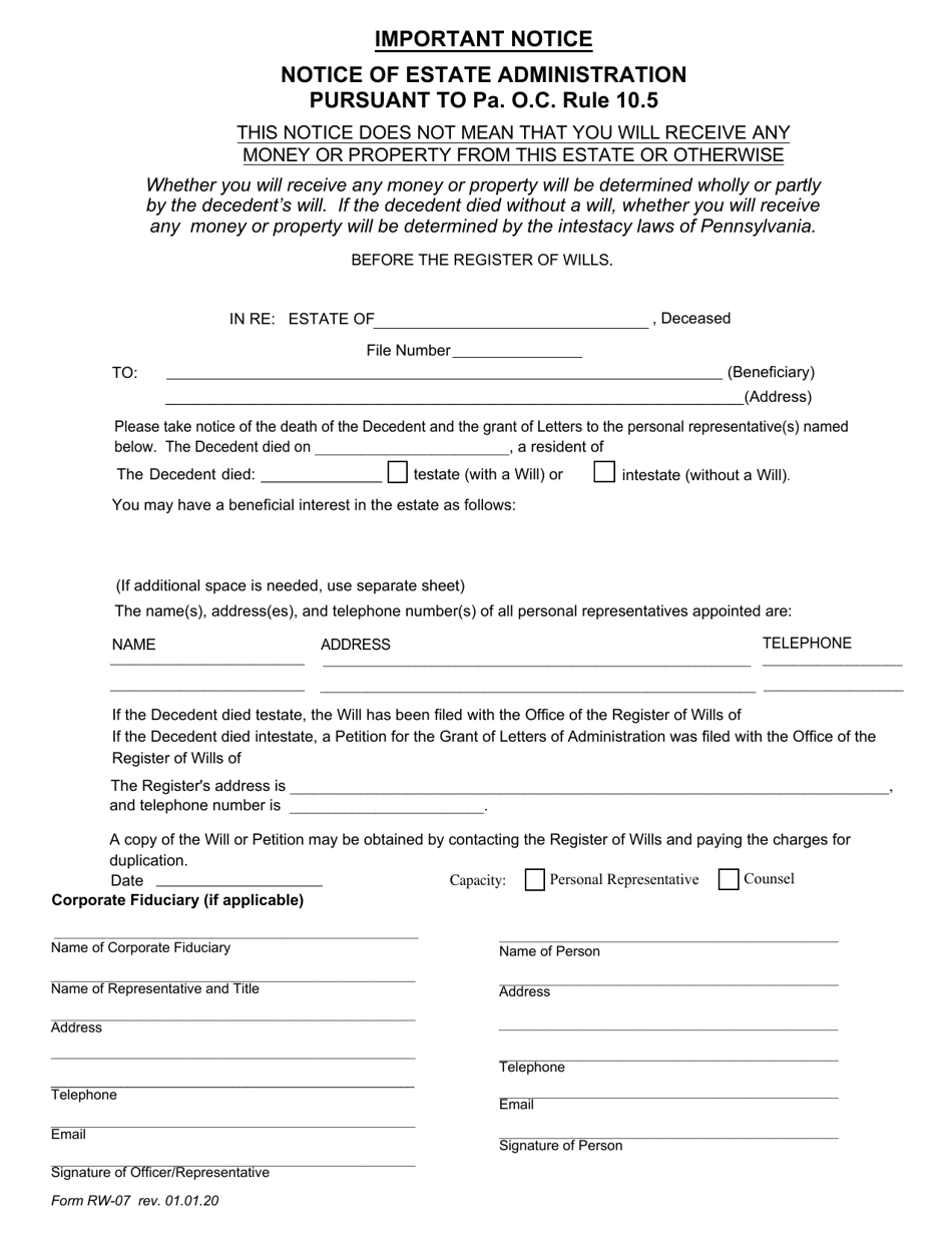 Form RW-07 Notice of Estate Administration Pursuant to Pa. O.c. Rule 10.5 - Pennsylvania, Page 1