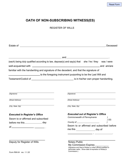 Form RW-04 Oath of Non-subscribing Witness(Es) - Pennsylvania