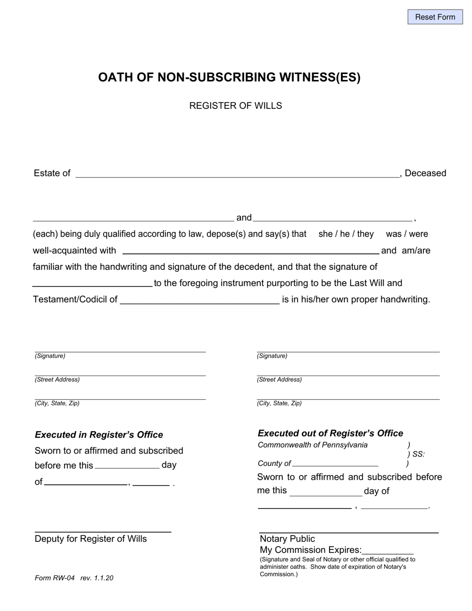 Form RW-04 Oath of Non-subscribing Witness(Es) - Pennsylvania, Page 1