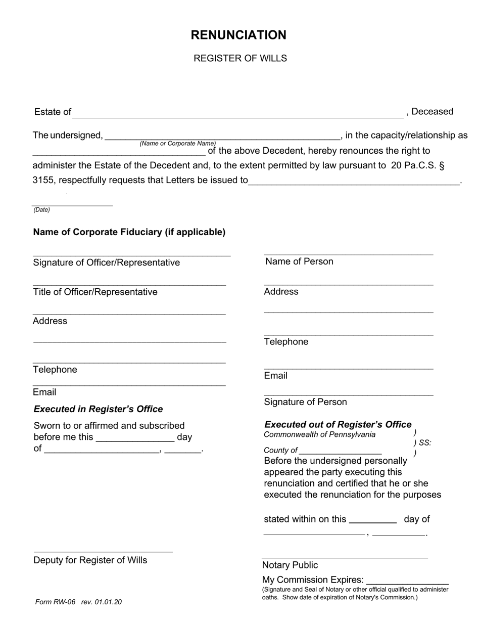 Form RW-06 Renunciation - Pennsylvania, Page 1