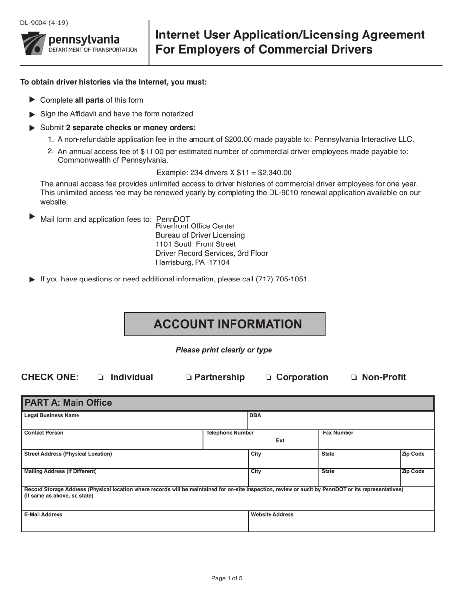 Form DL-9004 Internet User Application / Licensing Agreement for Employers of Commercial Drivers - Pennsylvania, Page 1