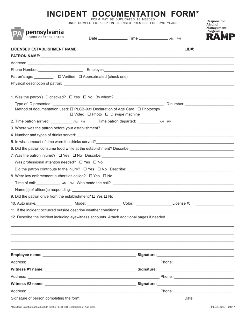 Form PLCB-2027 Incident Documentation Form - Pennsylvania, Page 1