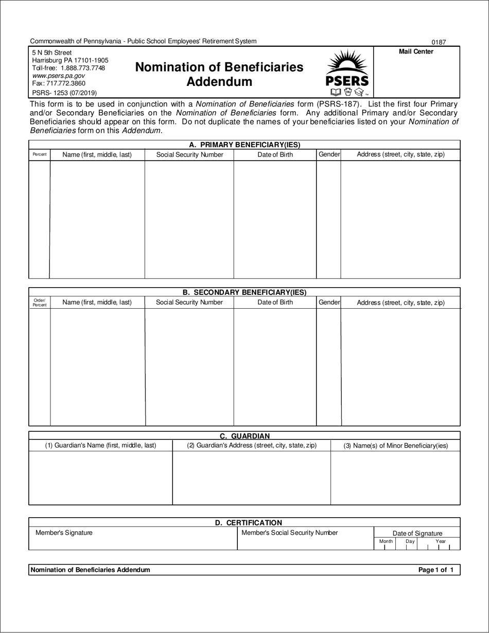 Form PSRS-1253 nomination of Beneficiaries Addendum - Pennsylvania, Page 1