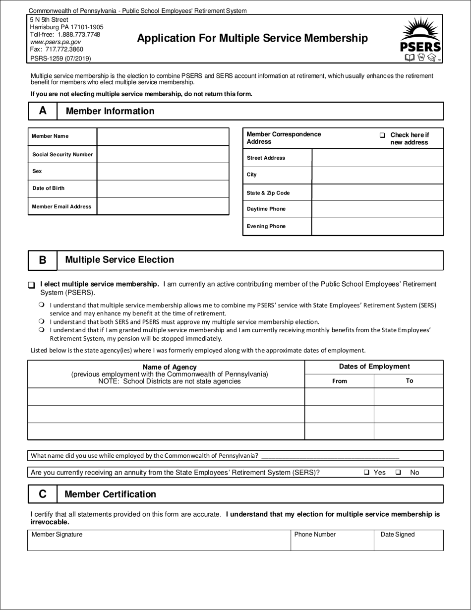 Form PSRS-1259 Application for Multiple Service Membership - Pennsylvania, Page 1