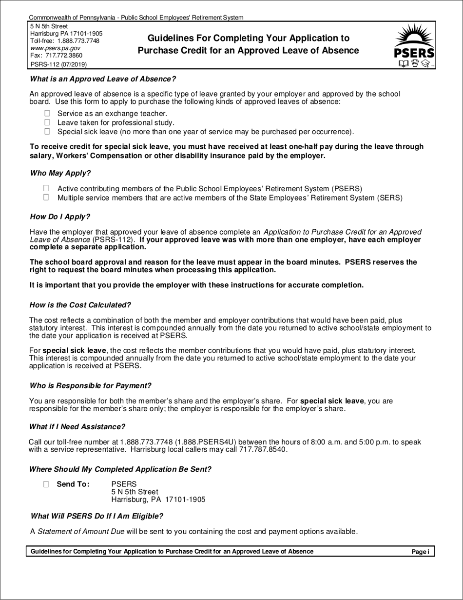 Form PSRS-112 Application to Purchase Credit for an Approved Leave of Absence - Pennsylvania, Page 1