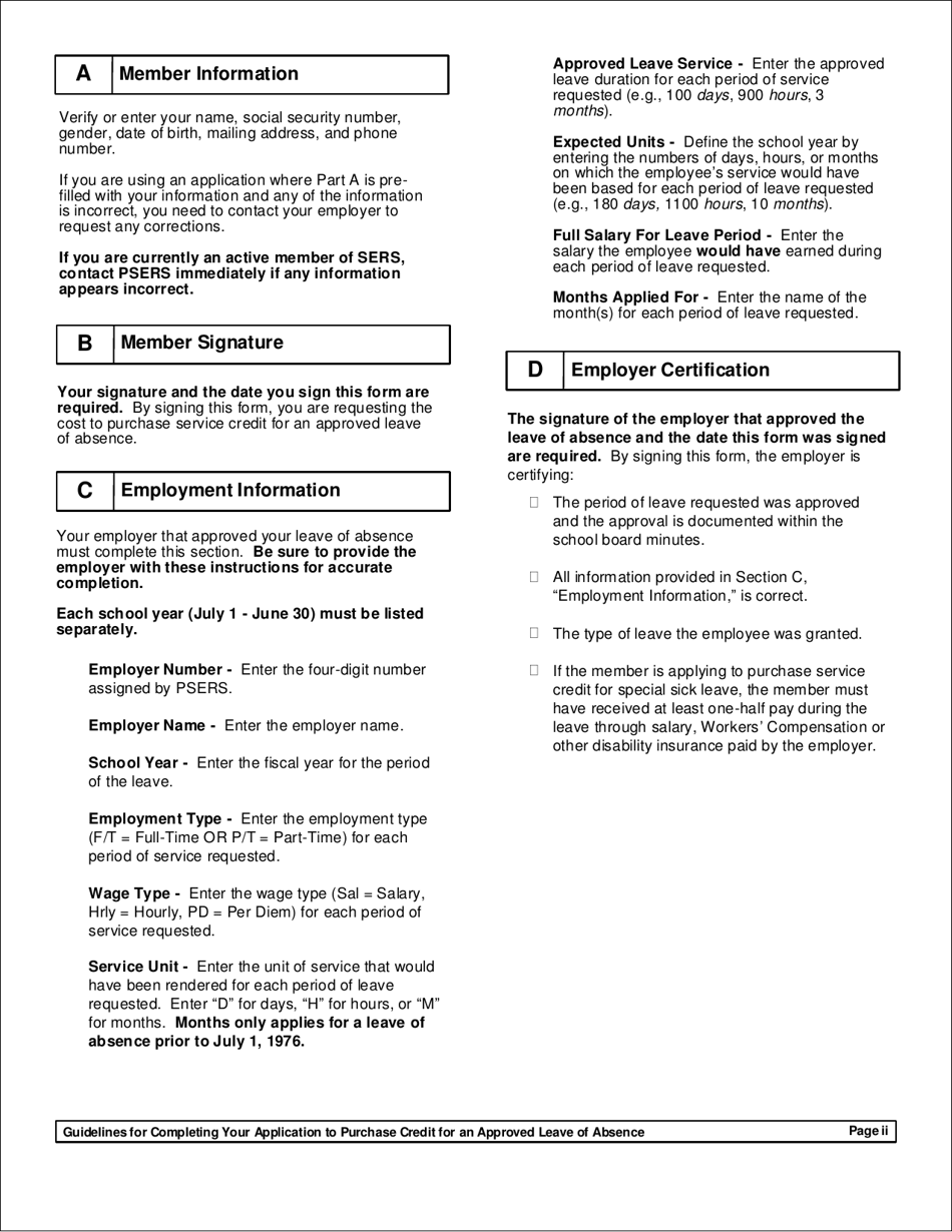 Form PSRS-112 Application to Purchase Credit for an Approved Leave of Absence - Pennsylvania, Page 2