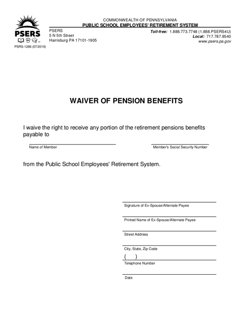 Form PSRS-1286 Waiver of Pension Benefits - Pennsylvania