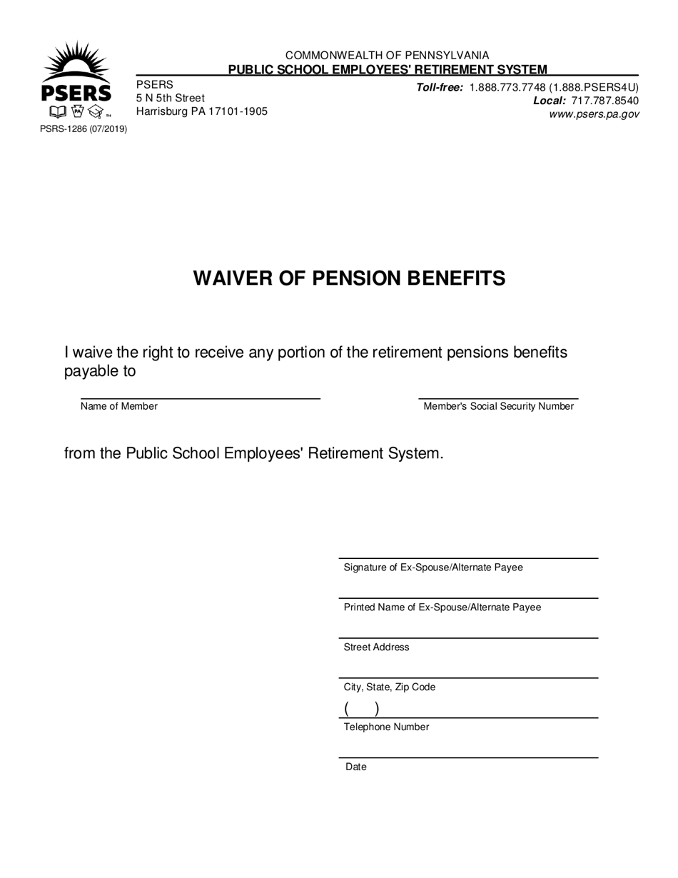 Form PSRS-1286 Waiver of Pension Benefits - Pennsylvania, Page 1