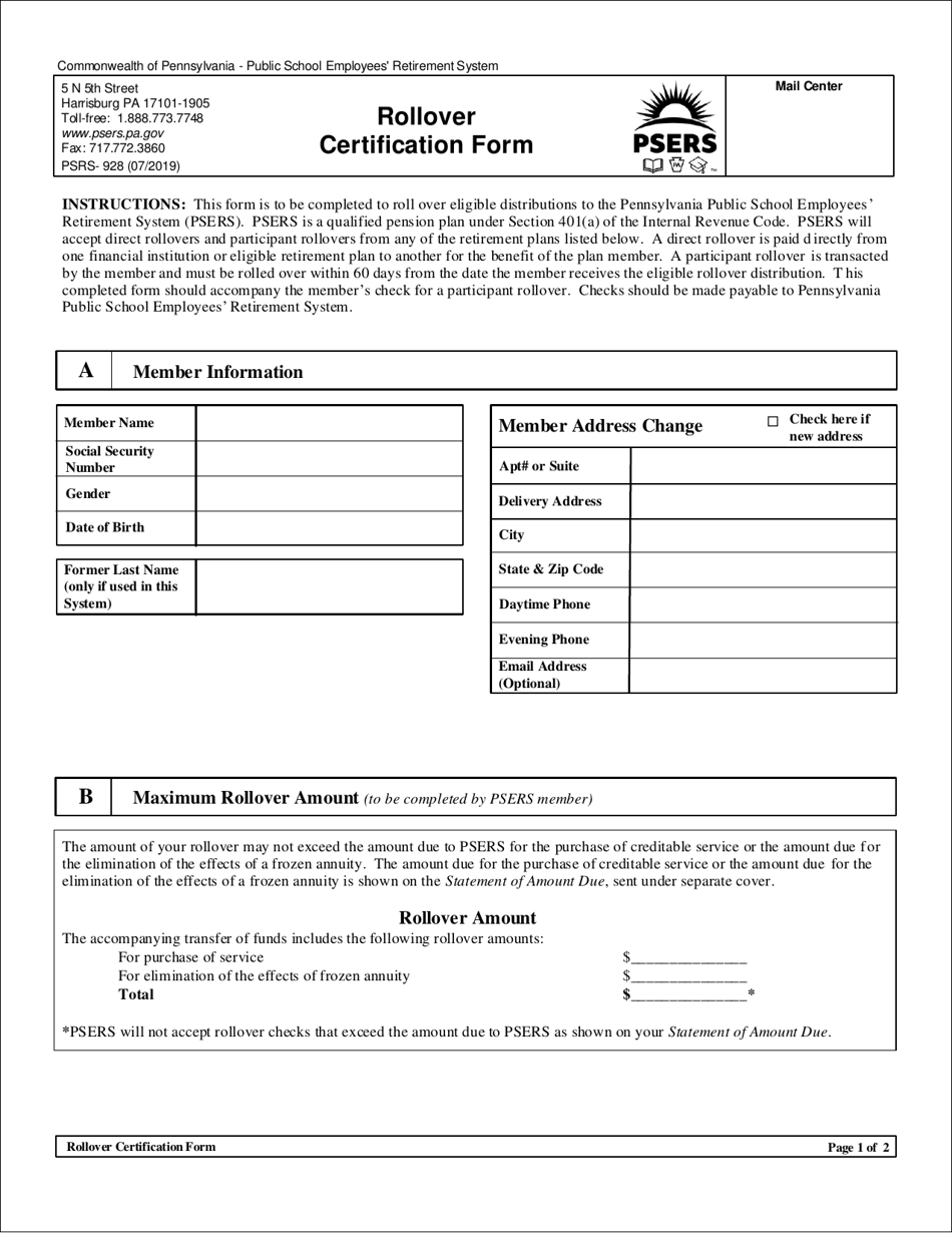Form PSRS-928 Rollover Certification Form - Pennsylvania, Page 1